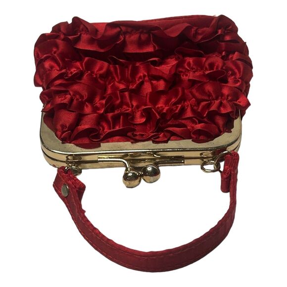 Red Ruffled Satiny Mini Purse Handbag 4”x4” Prom Party Holiday Polyester - Picture 6 of 12
